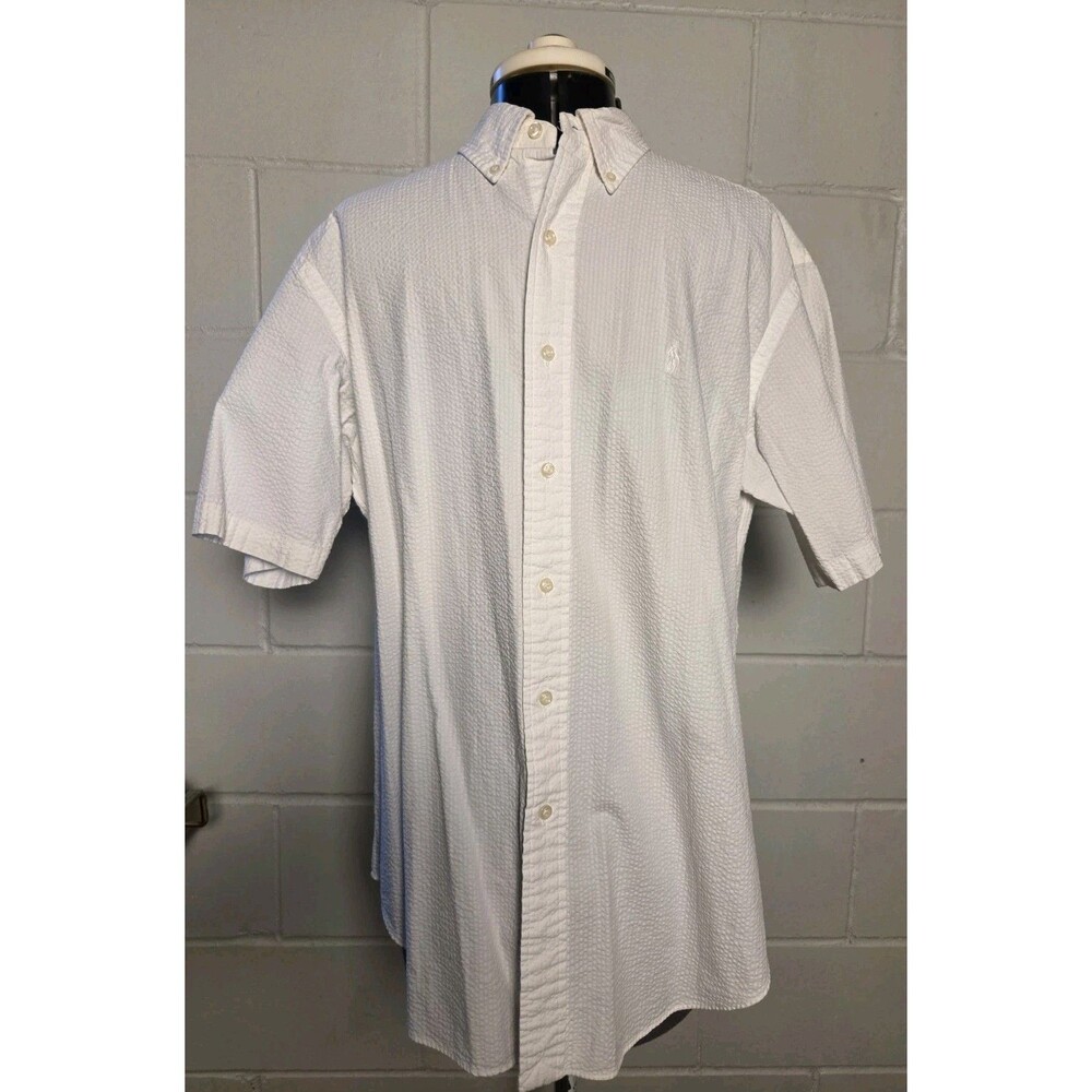 Polo Ralph Lauren Shirt Men Med Seersucker Button Up Short Sleeve Shirt Vintage